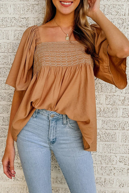 Brown Square Neck Wide Sleeves Flowy Top - Chic Meadow Boutique 