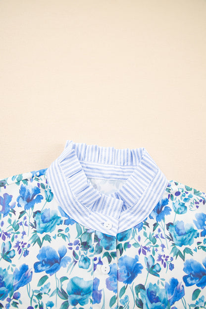 Sky Blue Floral Print Striped Patchwork Collared Short Sleeve Blouse