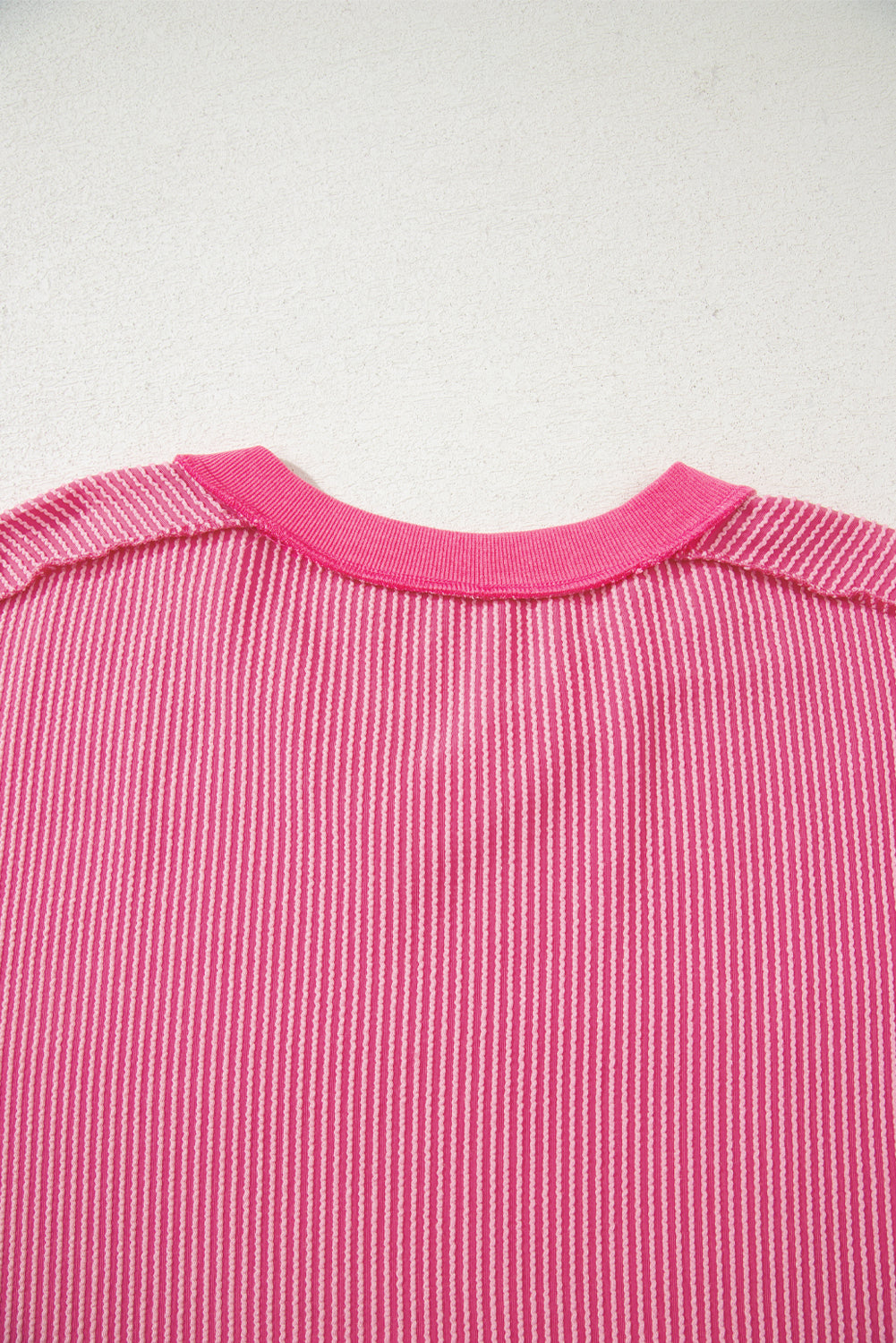 Rose Red Twisted Ribbed Knit V Neck Casual Tee