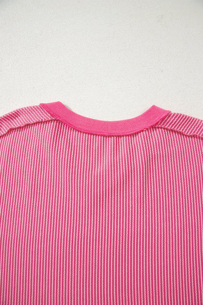 Rose Red Twisted Ribbed Knit V Neck Casual Tee