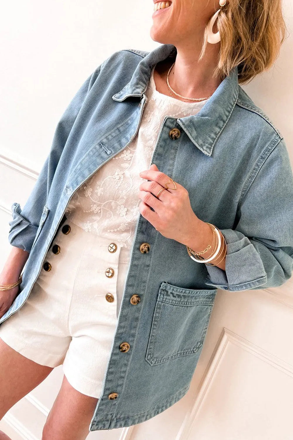 Dusk Blue Slit Buttons Pocketed Denim Jacket - Chic Meadow Boutique 