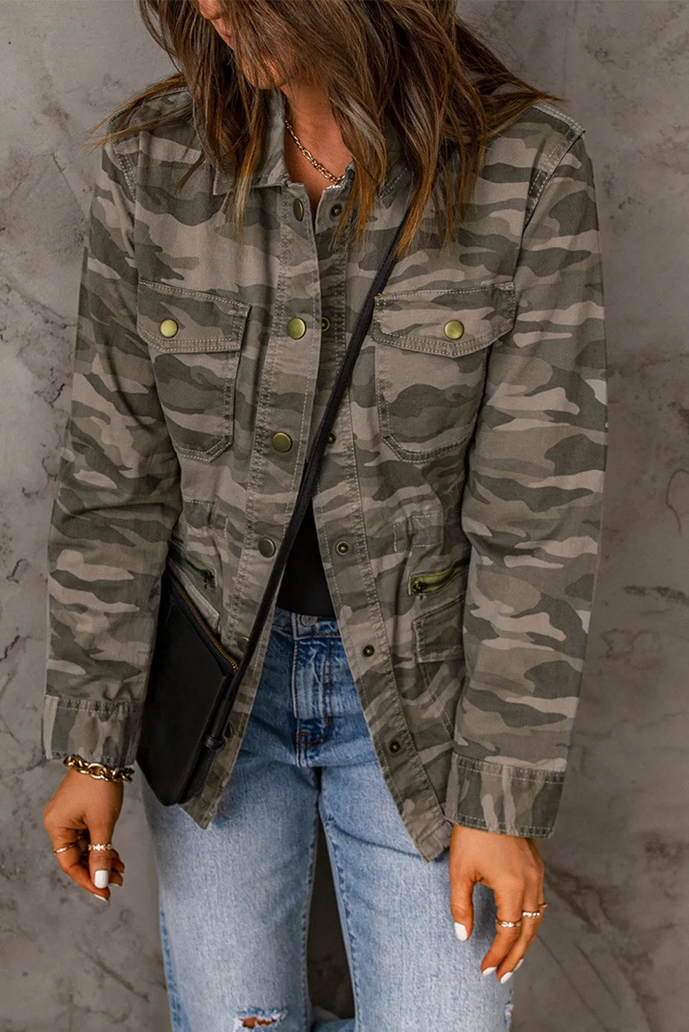 Green Camo Print Multi Pockets Button-up Jacket - Chic Meadow Boutique 