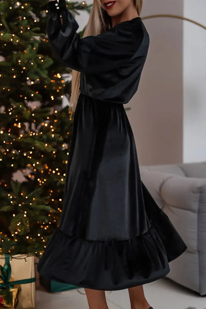 Black Velvet Buttoned Puff Sleeve V Neck Split Midi Dress - Chic Meadow Boutique 