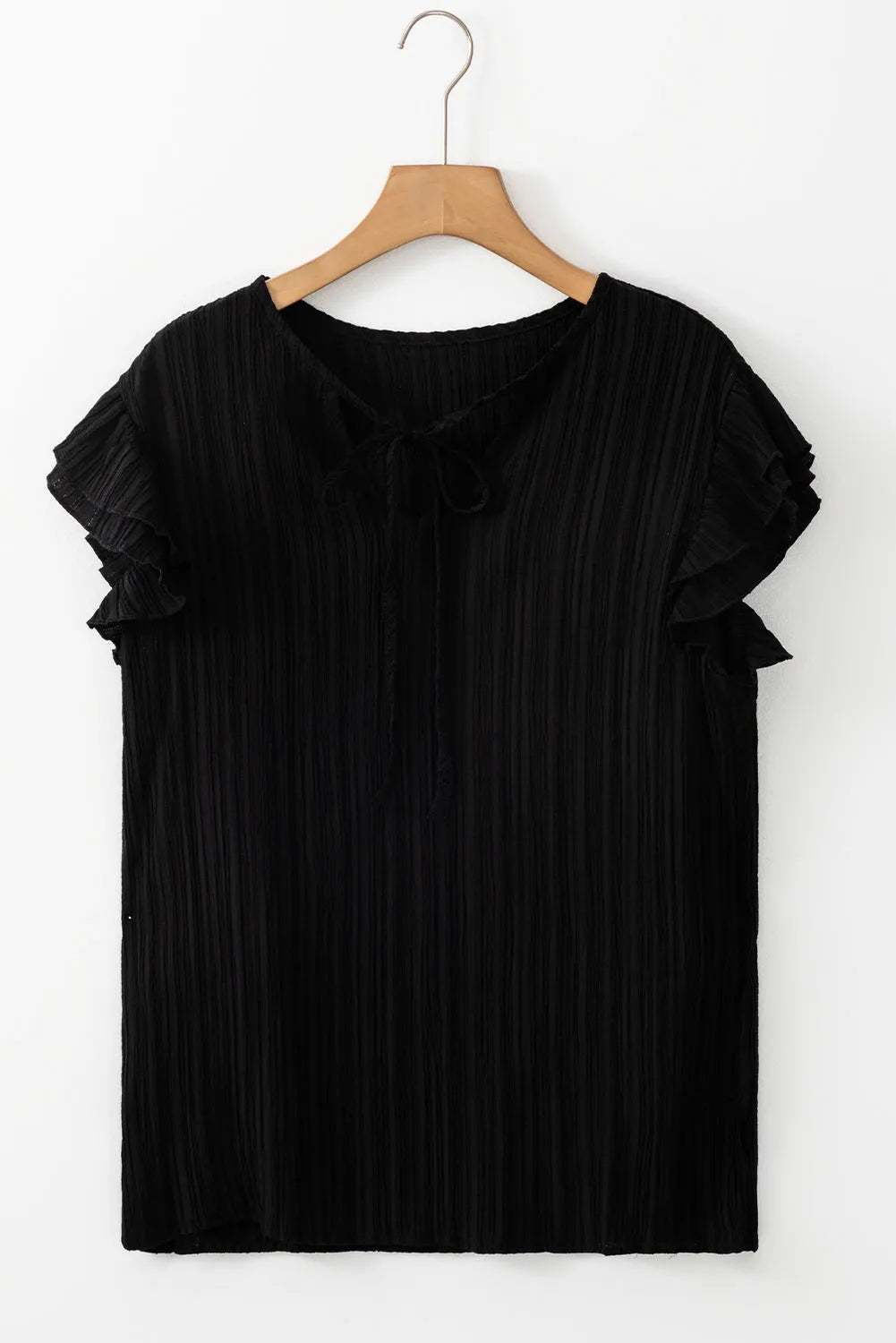 Black Textured Ruffled Sleeve V Neck Top - Chic Meadow Boutique 