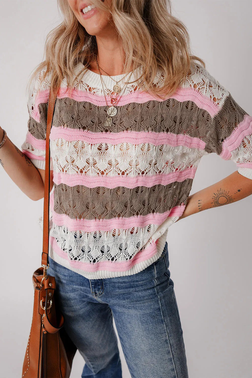 Brown Stripe Color Block Hollow Out Crochet Half Sleeve Sweater - Chic Meadow Boutique 