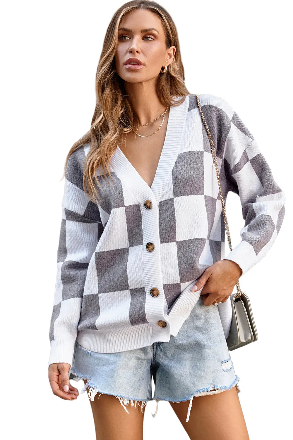 Gray Contrast Checkered Print Button Up Sweater Cardigan - Chic Meadow Boutique 