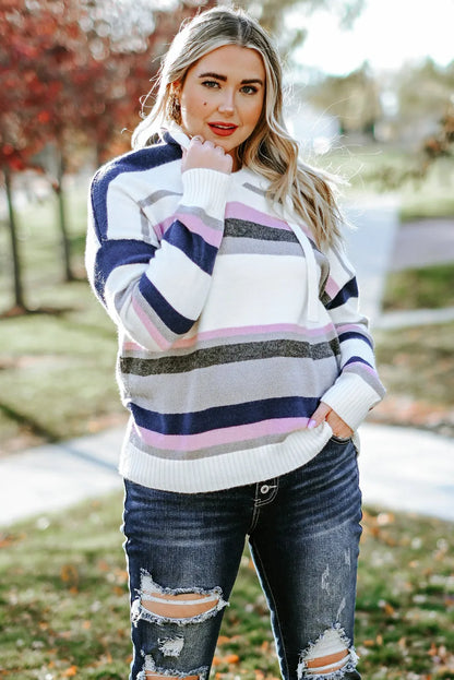 Stripe Plus Size Striped Hooded Knit Sweater - Chic Meadow Boutique 