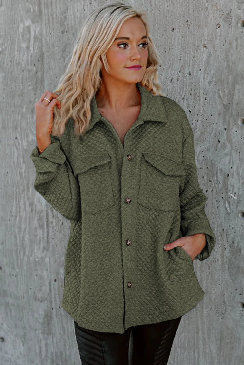 Green Retro Quilted Flap Pocket Button Shacket - Chic Meadow Boutique 