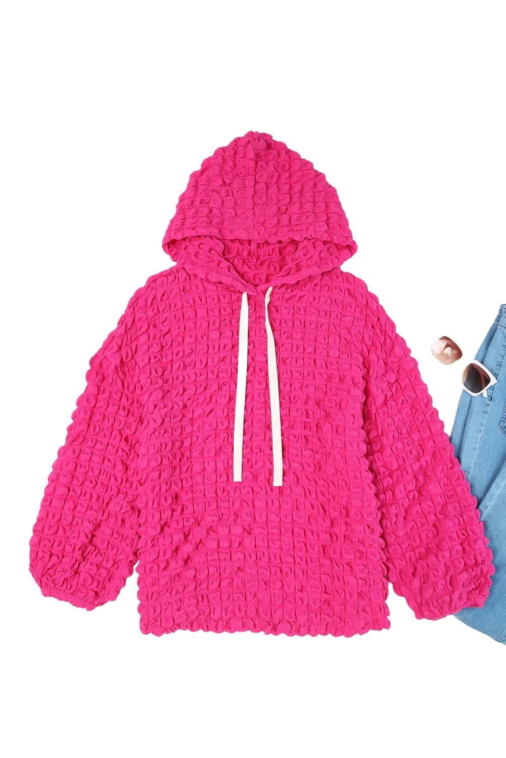 Rose Bubble Textured Waffle Hoodie - Chic Meadow Boutique 