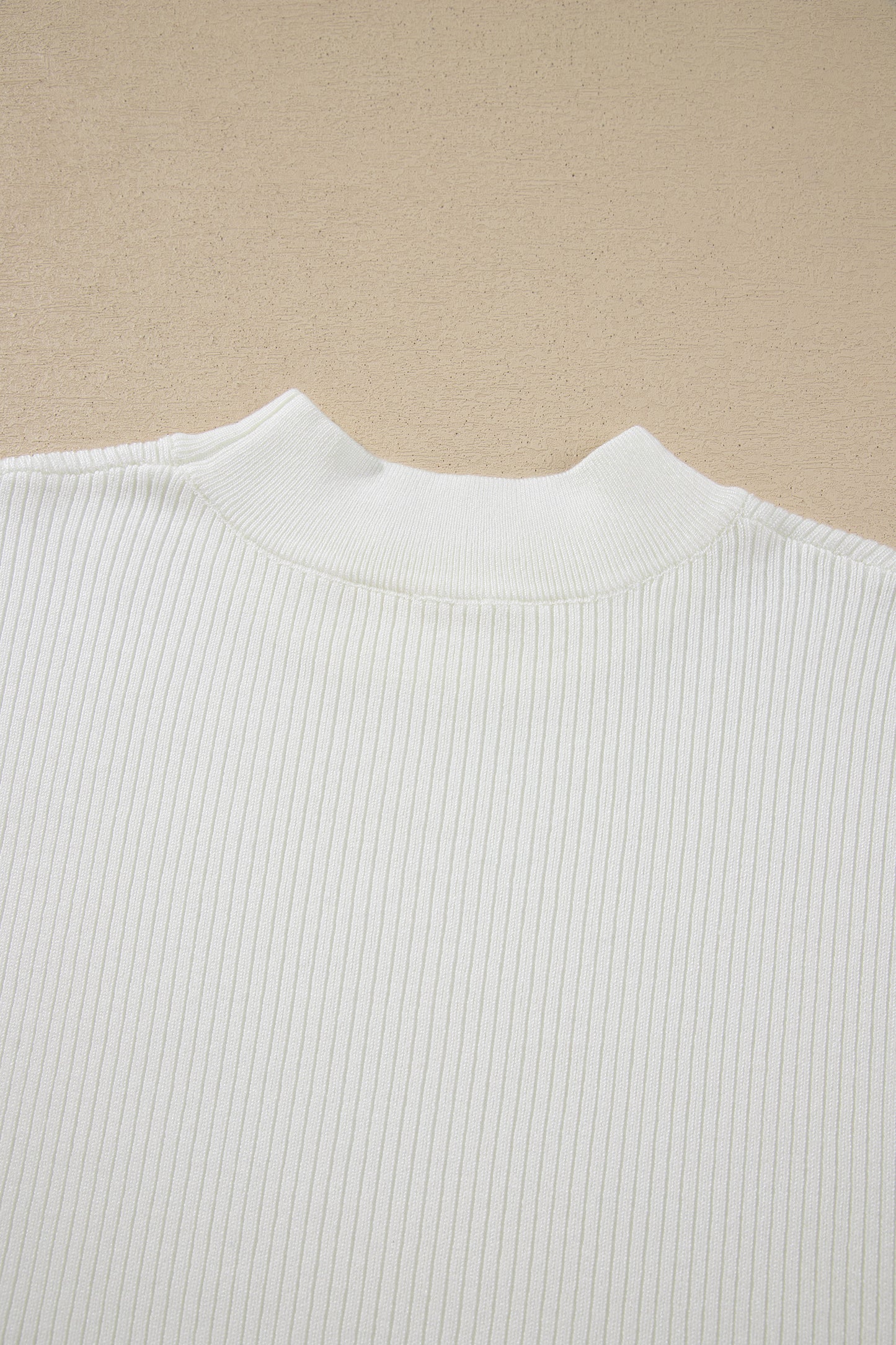 White Solid Color Ribbed Knit Mock Neck Loose Short Sleeve Sweater