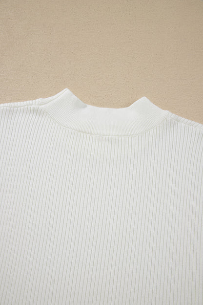 White Solid Color Ribbed Knit Mock Neck Loose Short Sleeve Sweater