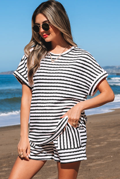 Black Stripe Knitted Short Sleeve Top and Drawstring Shorts Set