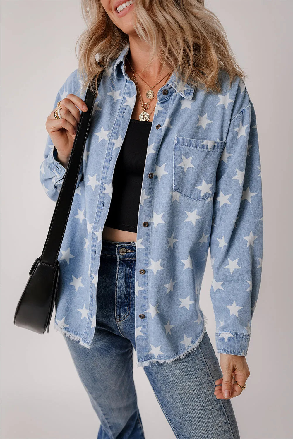 Sky Blue Star Print Light Wash Raw Hem Denim Jacket - Chic Meadow Boutique 