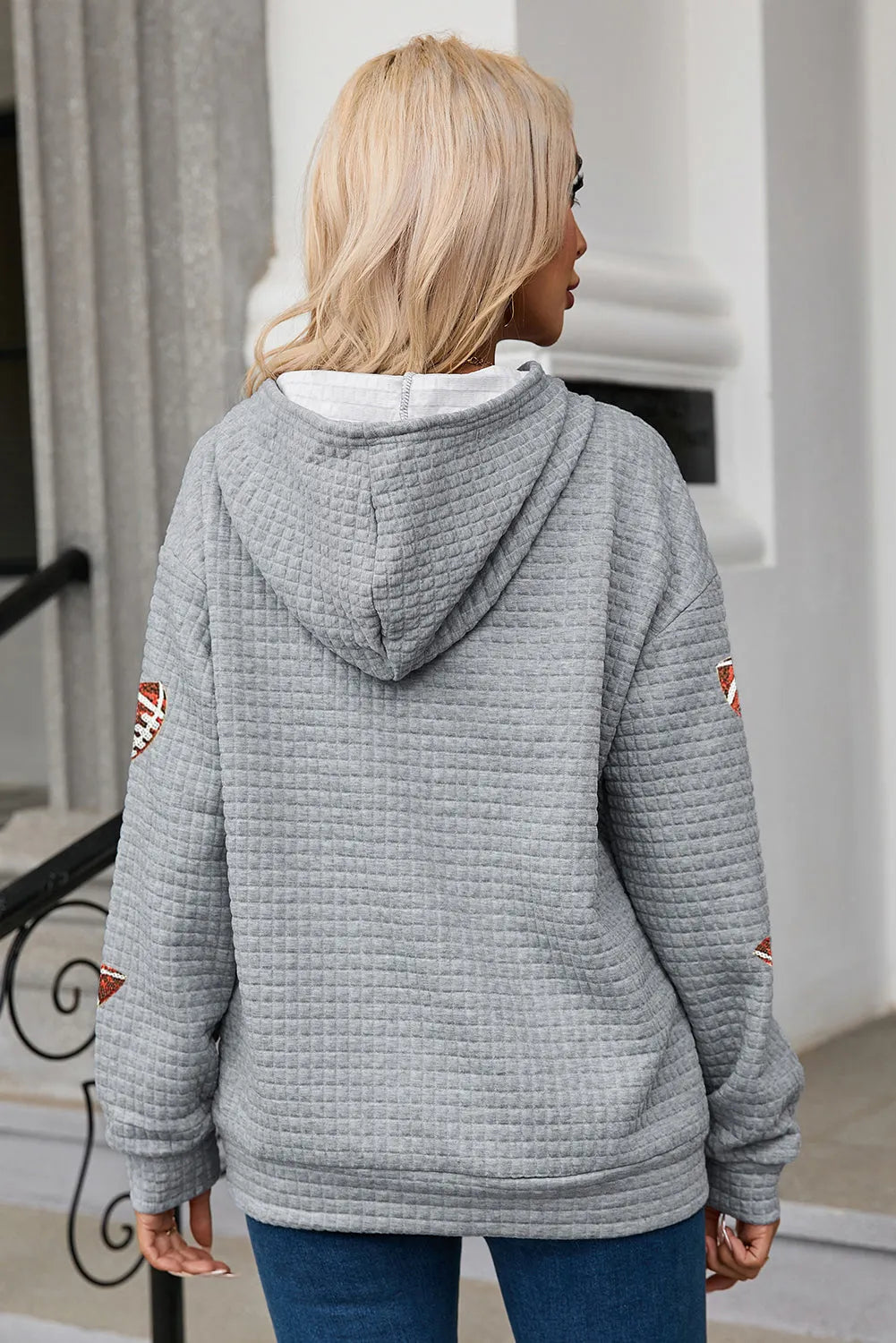 Gray Sequin Rugby Waffle Knit Kangaroo Pocket Loose Hoodie - Chic Meadow Boutique 