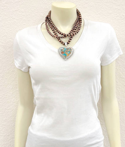 739566, Handmade 18" Copper Navajo Heart Gemstone Necklace