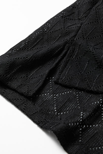 Black Pointelle Rhombus Knit Plus Size V Neck Loose Top