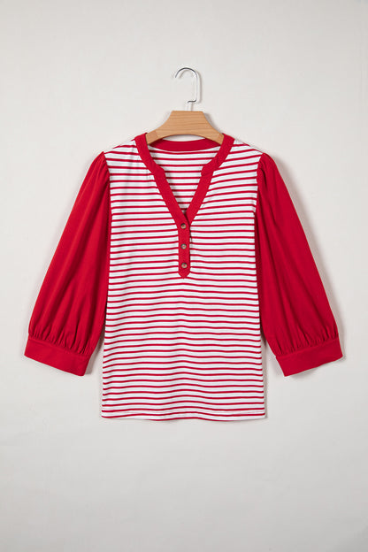 Red Stripe Half Placket V Neck Contrast 3/4 Sleeve Patchwork Top