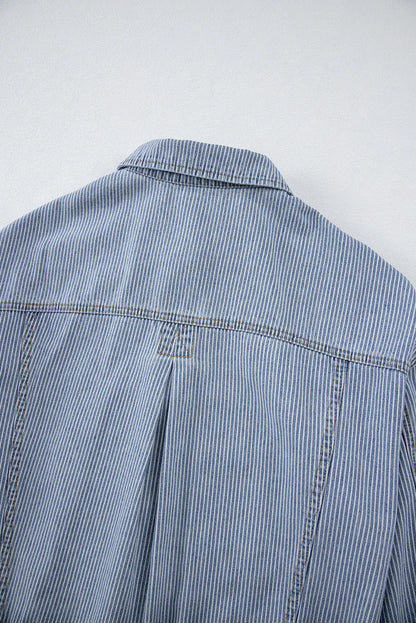 Sky Blue Stripe Washed Oversize Pocketed Denim Jacket - Chic Meadow Boutique 