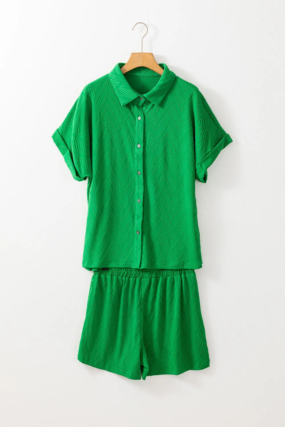 Bright Green Textured Short Sleeve Shirt and Shorts Set - Chic Meadow Boutique 