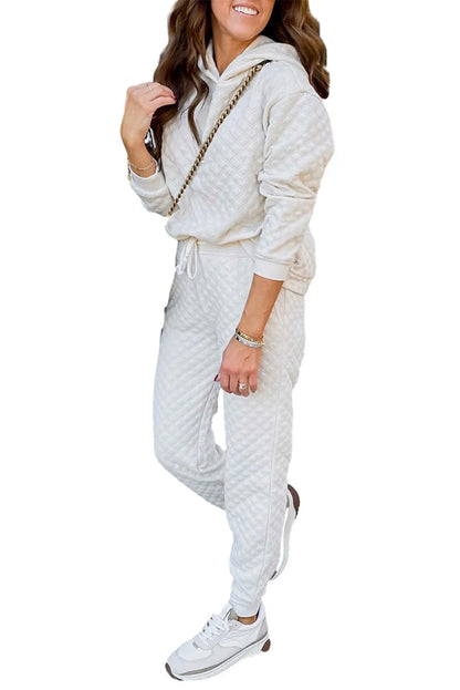 White Quilted Hoodie and Sweatpants Two Piece Set - Chic Meadow Boutique 