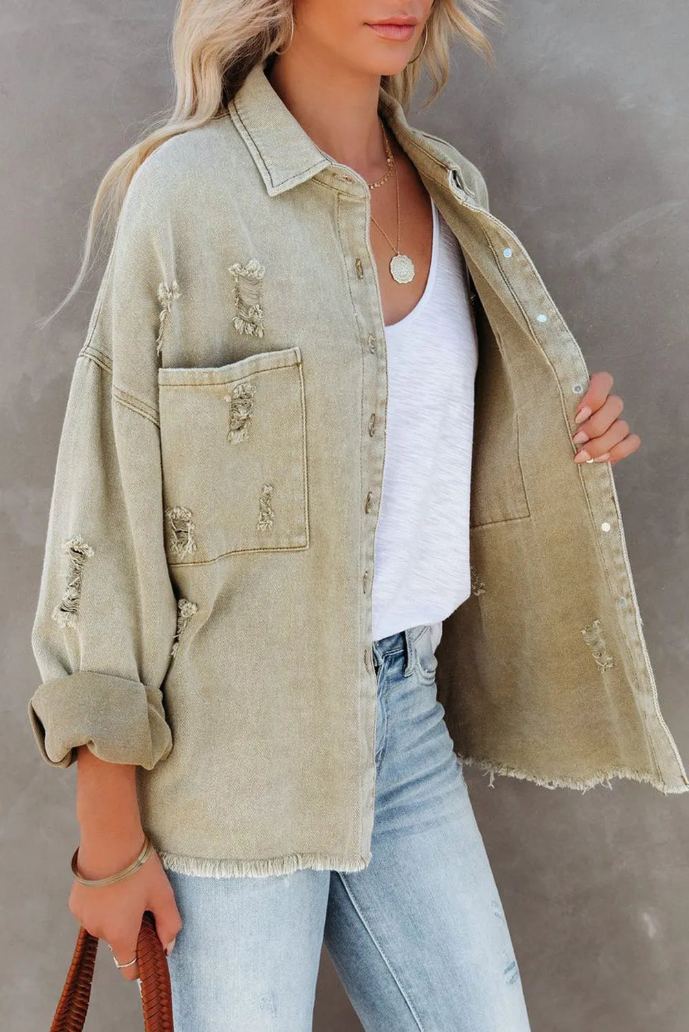 Green Distressed Fringe Trim Denim Jacket - Chic Meadow Boutique 