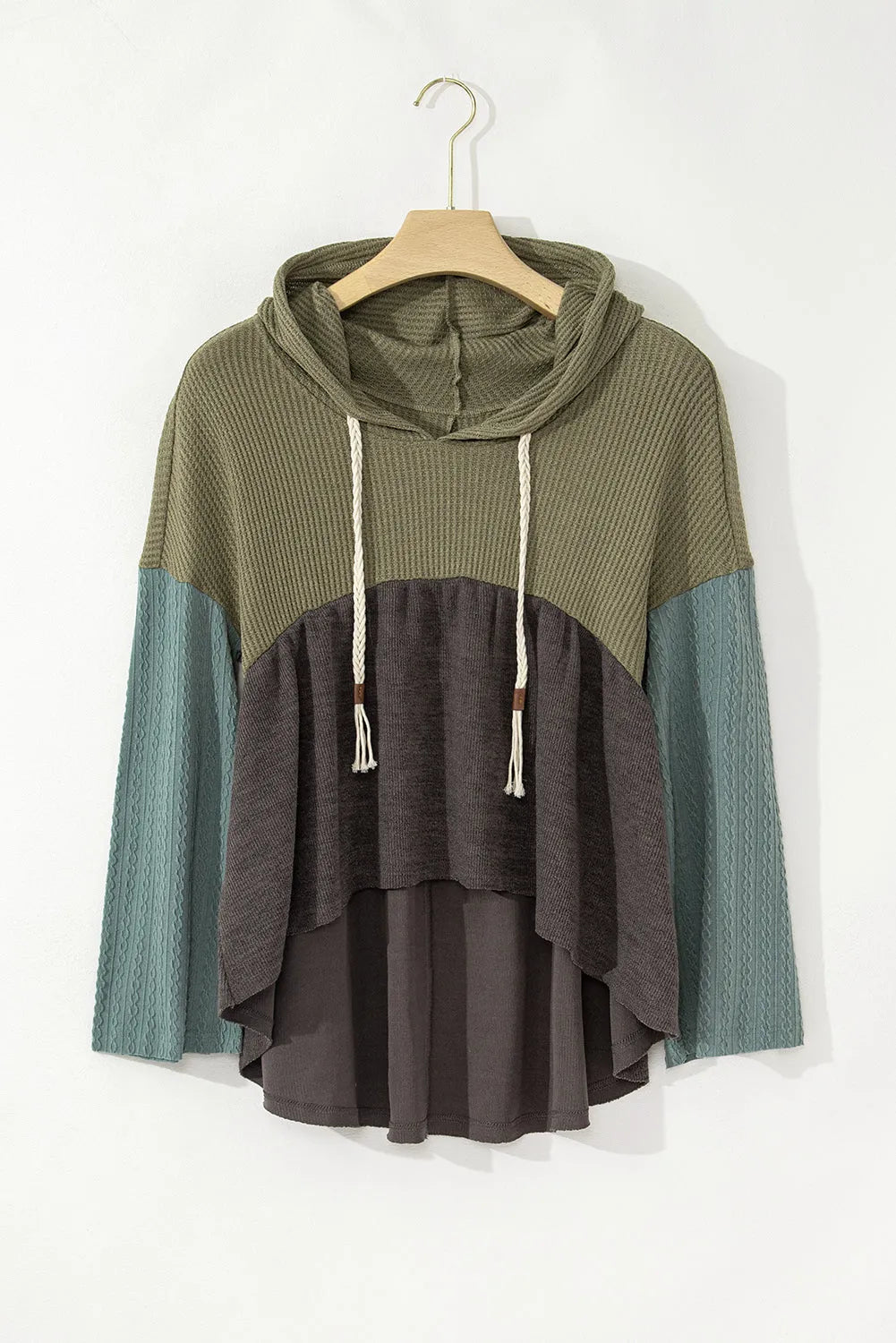 Laurel Green Mixed Textured Colorblock Patchwork Wide Sleeve Frayed High Low Hooded Top - Chic Meadow Boutique 