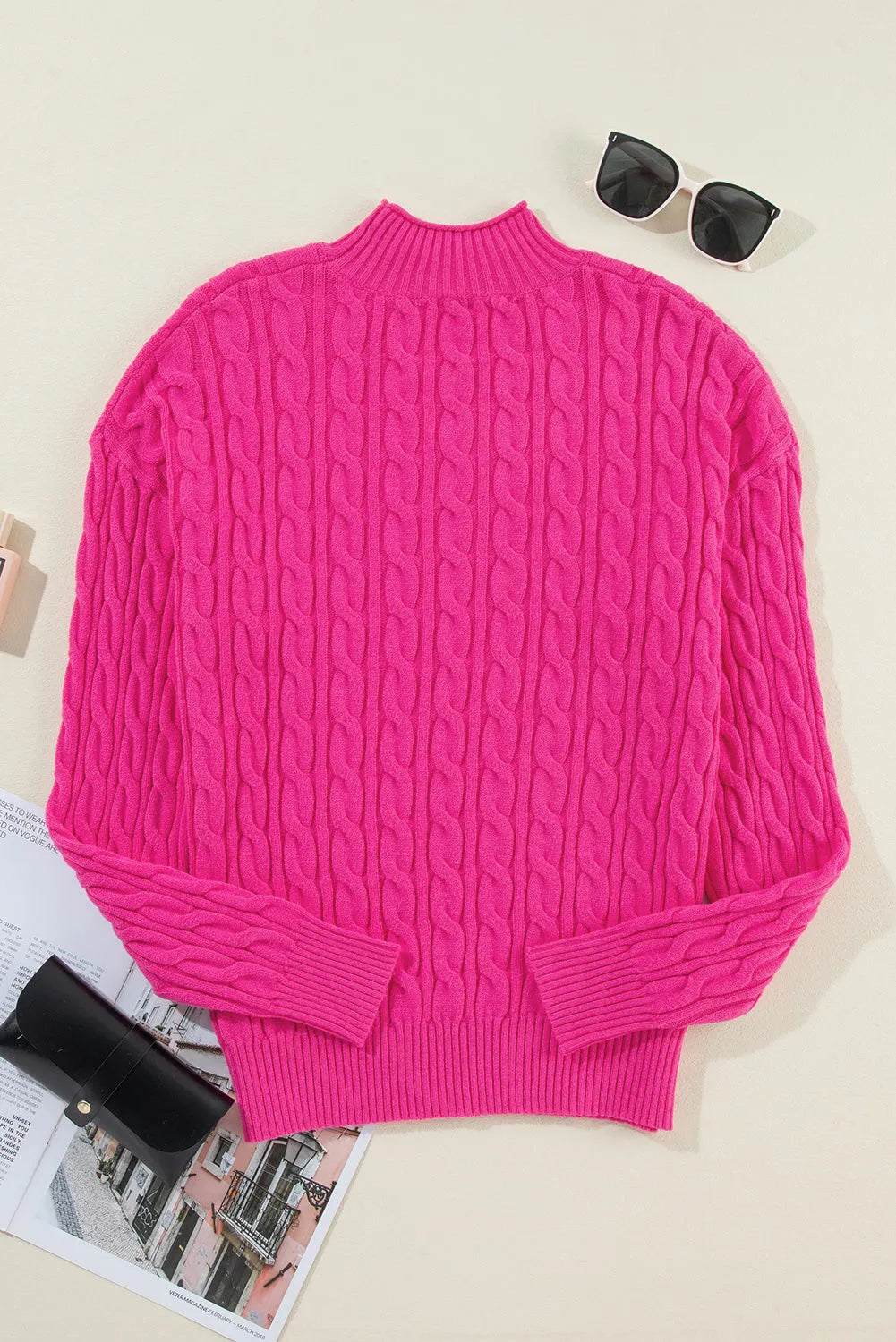 Rose Red Solid Cable Knit High Neck Drop Shoulder Sweater - Chic Meadow Boutique 