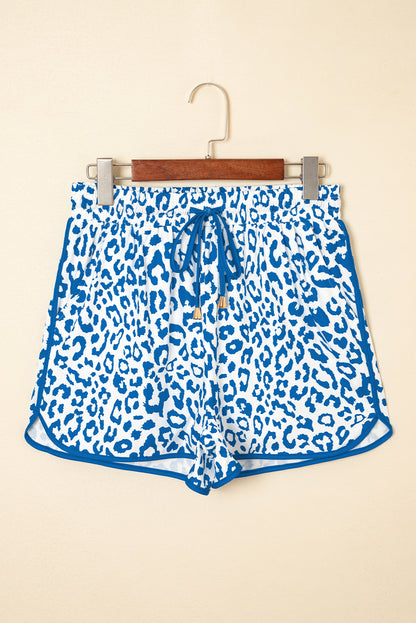 Blue Leopard Elastic Waist Lace up Contrast Trim Casual Shorts