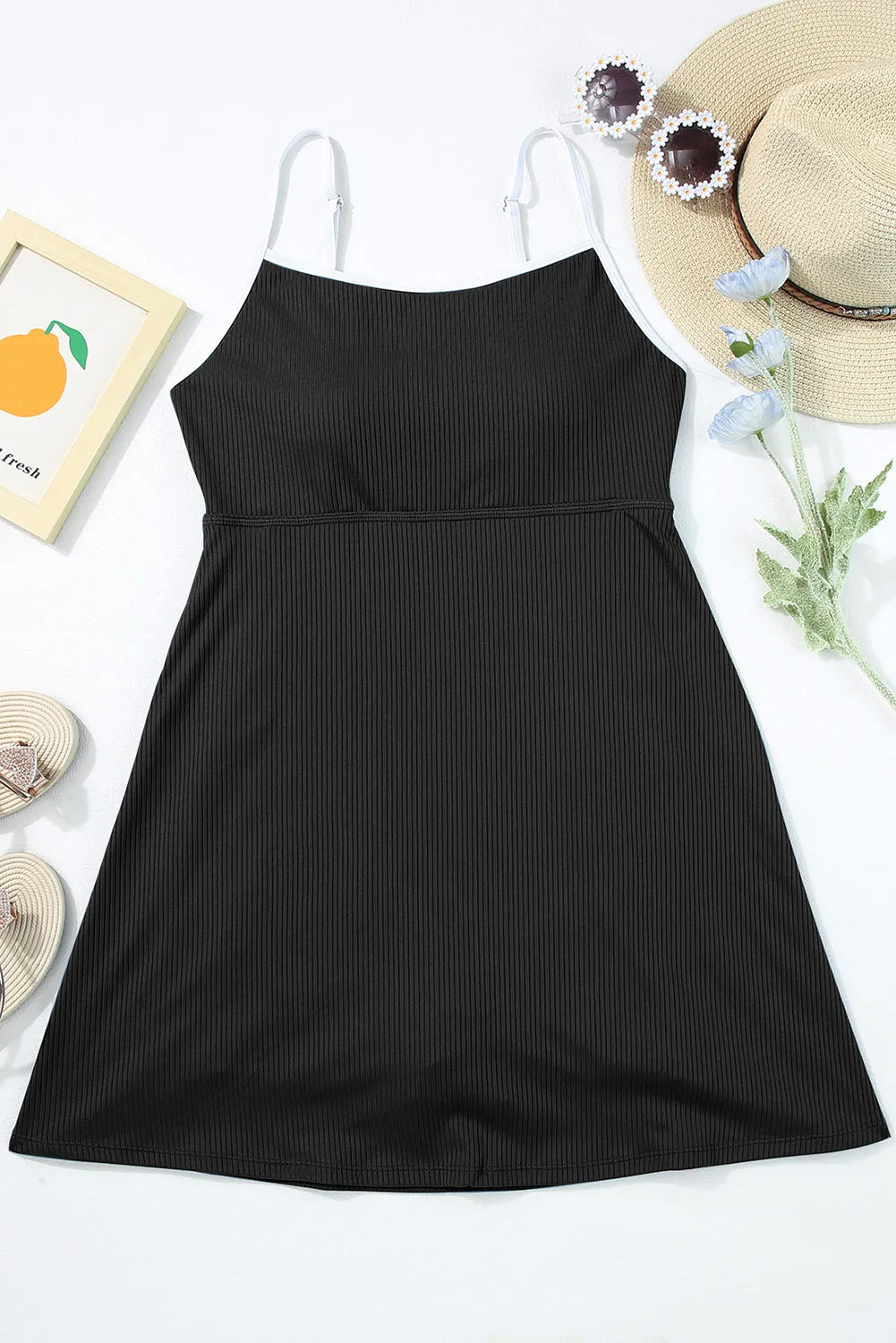 Black Sporty Ribbed Spaghetti Straps One Piece Swimdress - Chic Meadow Boutique 