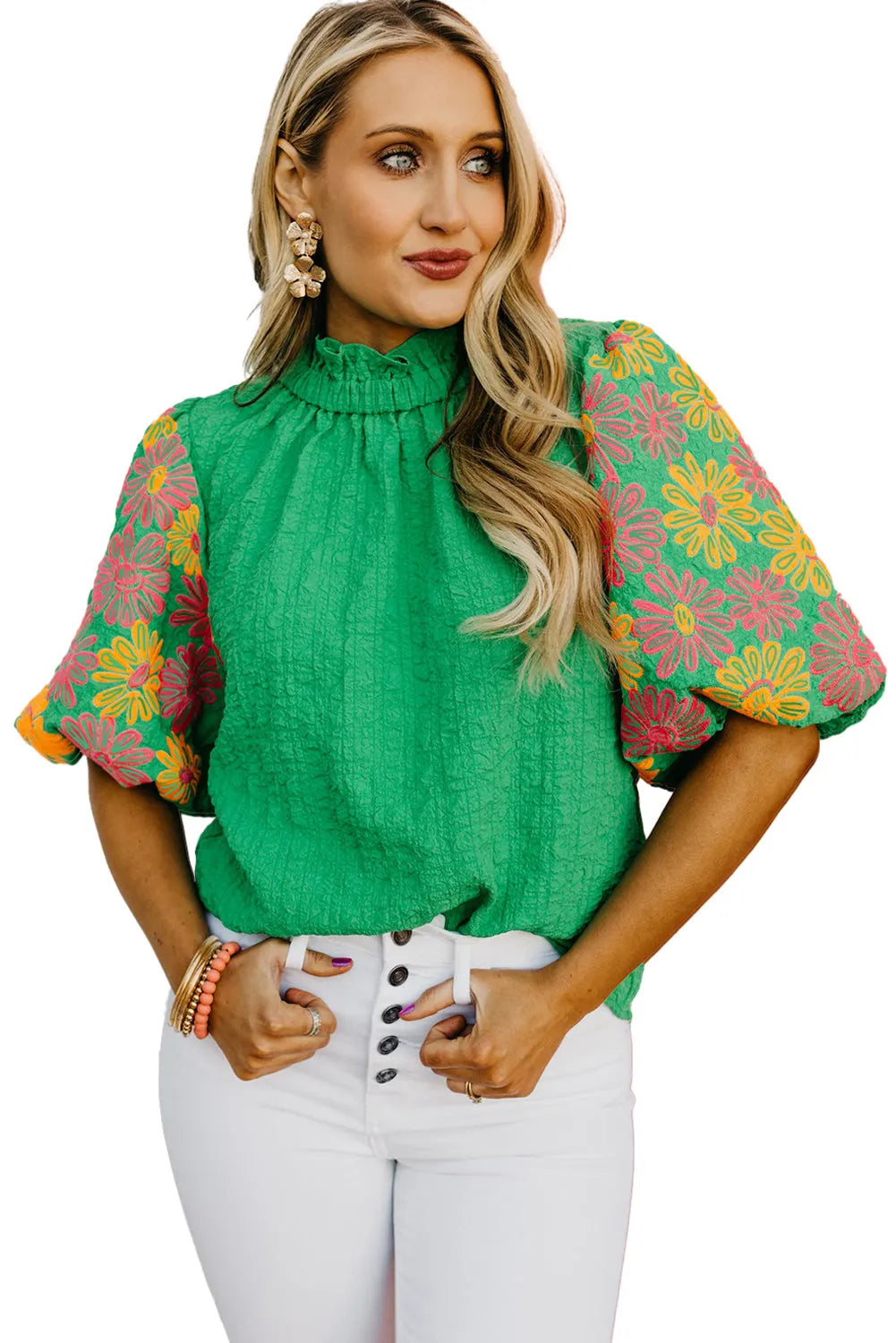 Bright Green Floral Puff Short Sleeve Ruffled Collar Button Back Top - Chic Meadow Boutique 