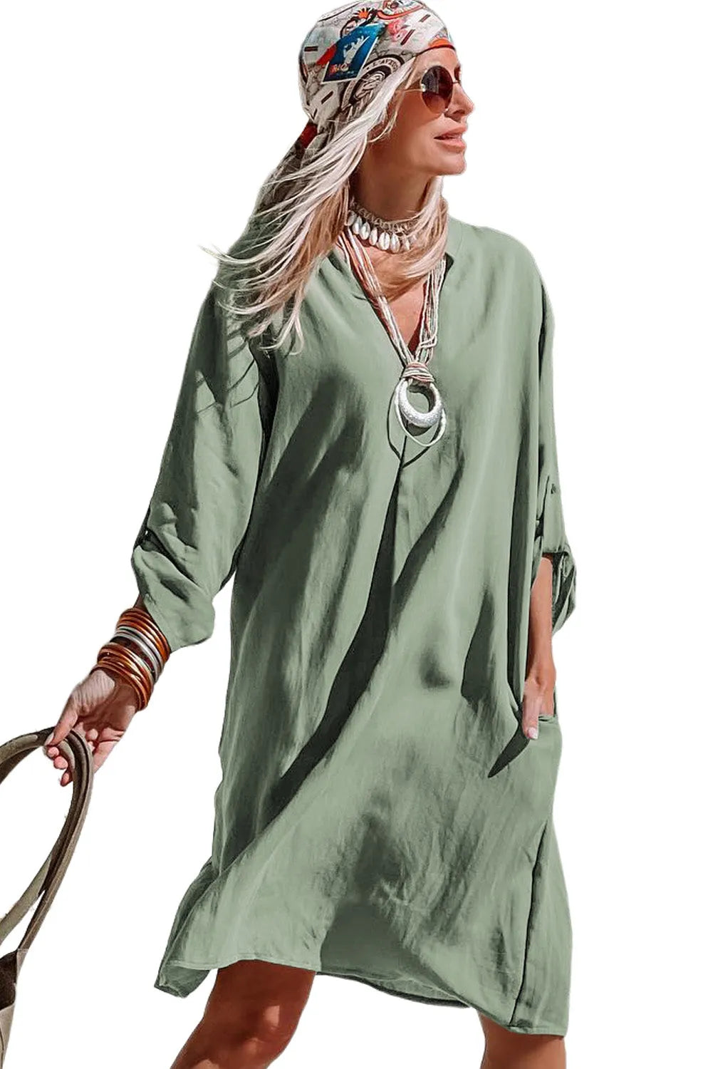 Green Roll-tab Sleeve Flowy Casual Dress - Chic Meadow Boutique 