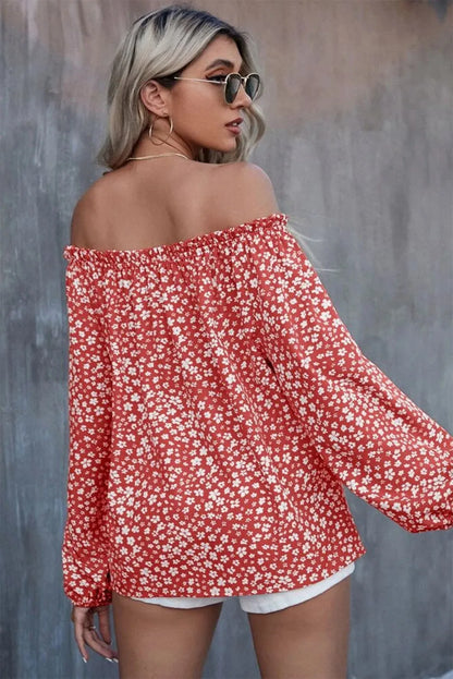 Fiery Red Floral Print Frill Trim Off-shoulder Lantern Sleeve Blouse - Chic Meadow Boutique 