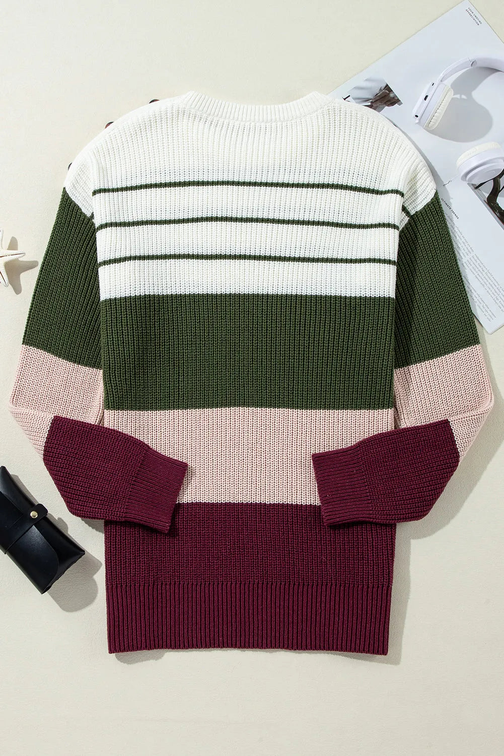 Green Color Block Striped Buttoned Shoulder Split Sweater - Chic Meadow Boutique 