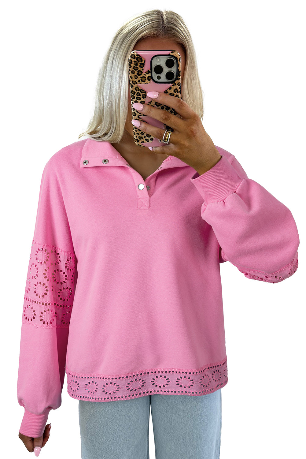 Bonbon Embroidered Flower Patchwork Snap Buttons Pullover Sweatshirt