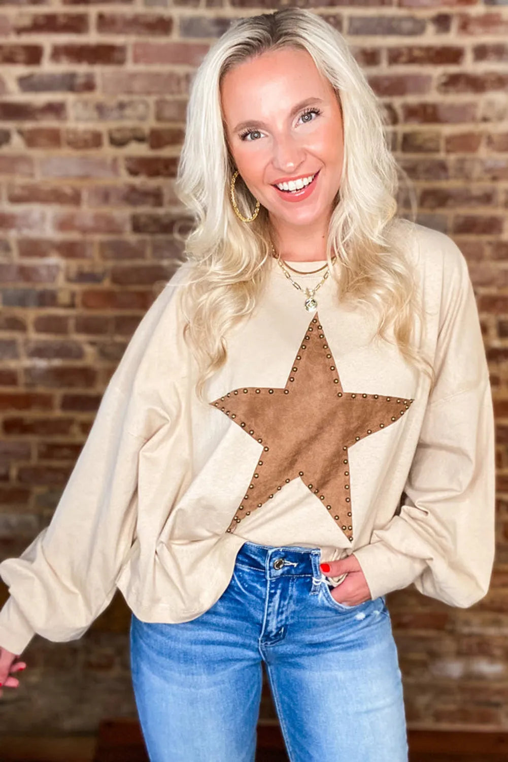 Apricot Studded Star Graphic Oversized Long Sleeve Top - Chic Meadow Boutique 