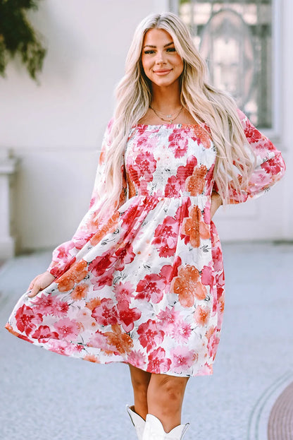 White Floral Print Smocked Puff Sleeve Mini Dress - Chic Meadow Boutique 