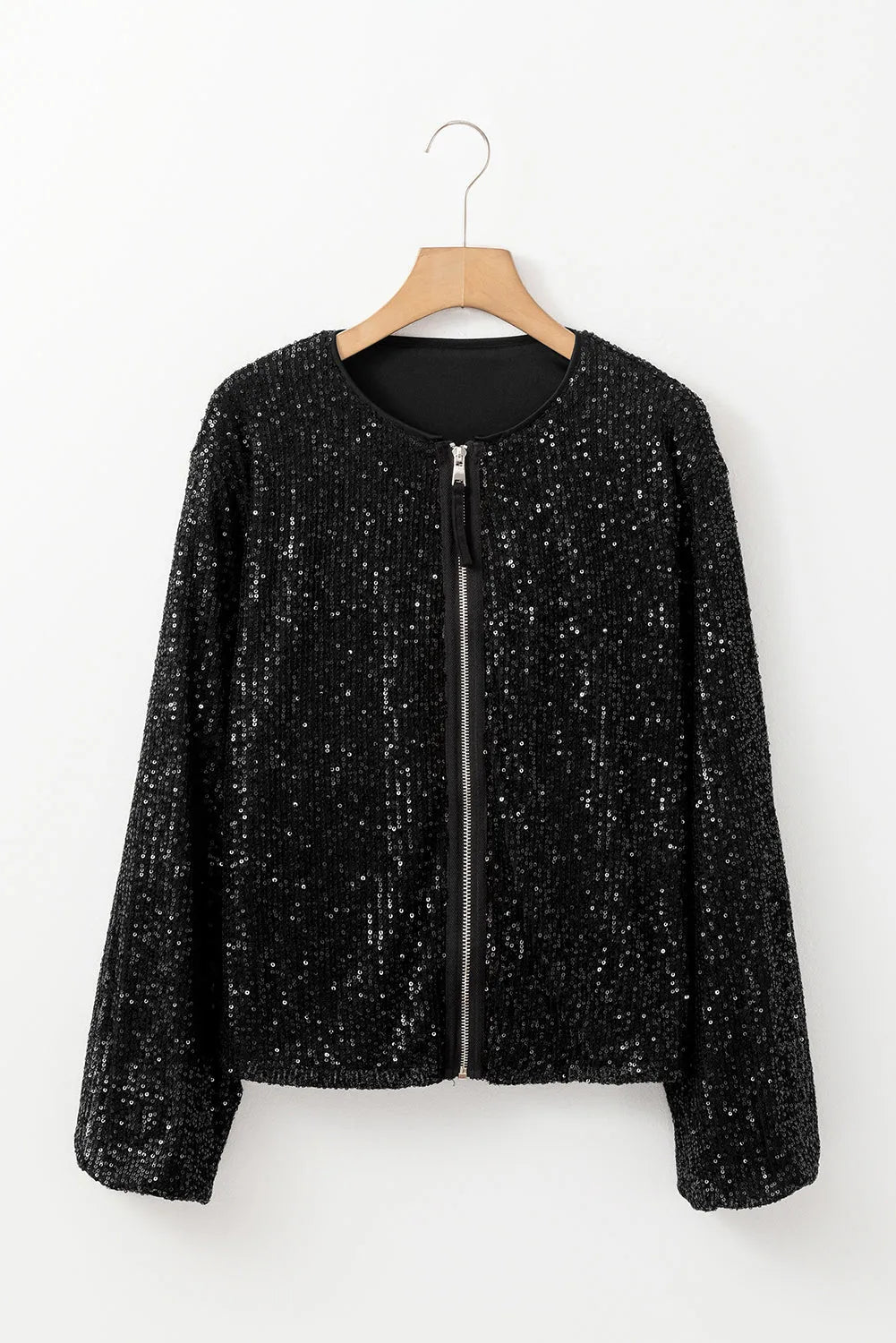 Black Sequin Zip up Round Neck Long Sleeve Jacket - Chic Meadow Boutique 