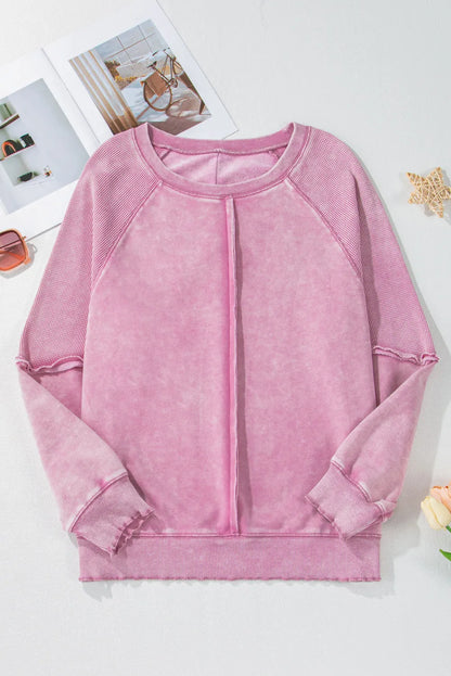 Pink Solid Waffle Knit Patchwork Raglan Sleeve Sweatshirt - Chic Meadow Boutique 