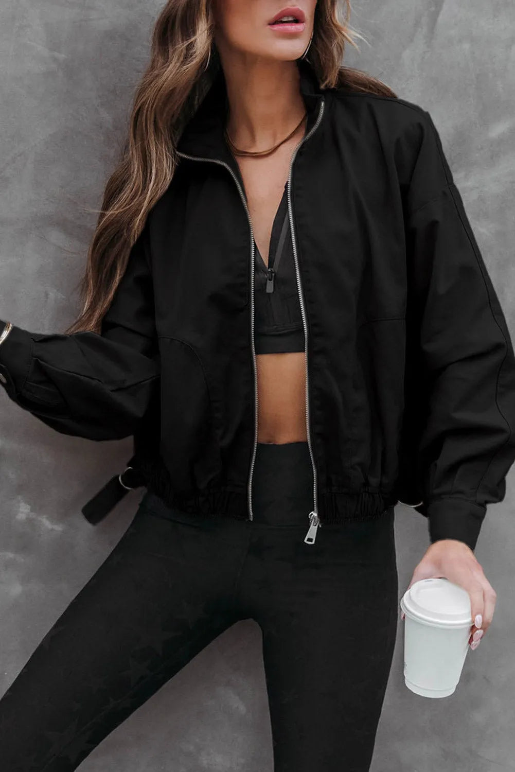 Black Solid Full Zipped Jacket - Chic Meadow Boutique 