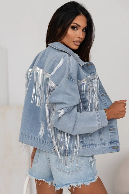 Sky Blue Sequin Embellished Fringe Distressed Denim Jacket - Chic Meadow Boutique 