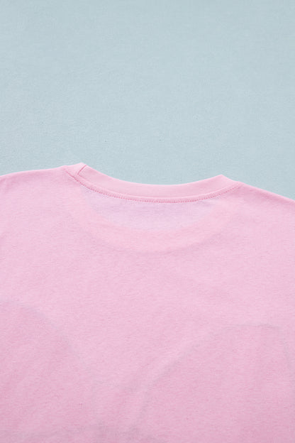 Pink Leopard Bow Embroidered Cotton Round Neck T Shirt