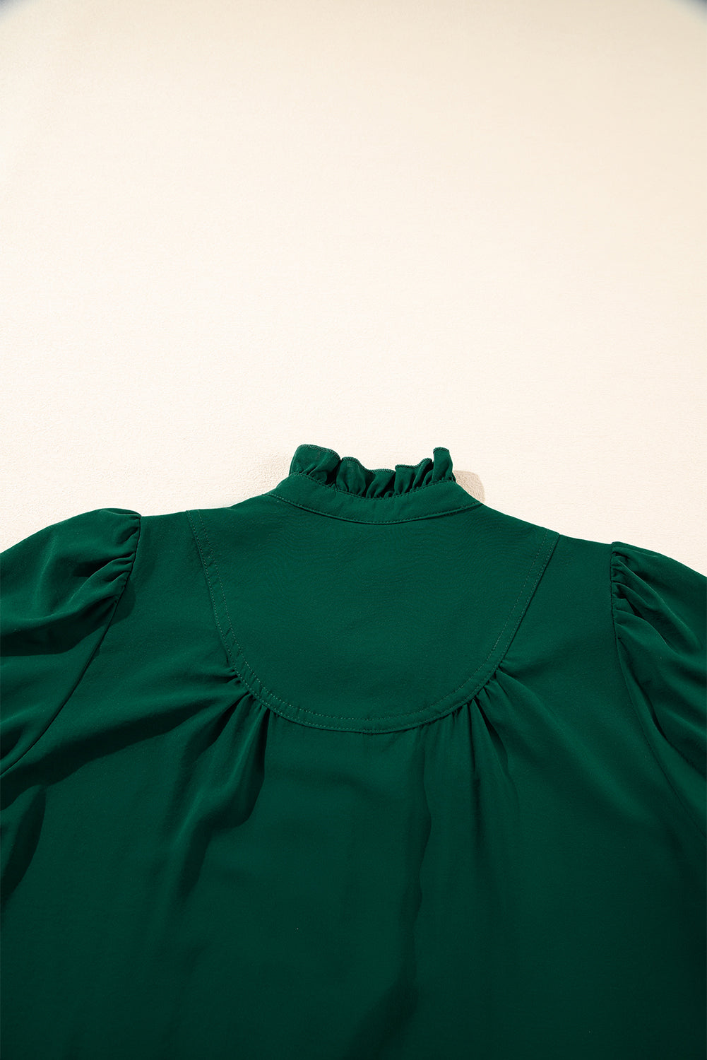 Blackish Green Solid Puff Sleeve Frilled Trim Elegant Blouse