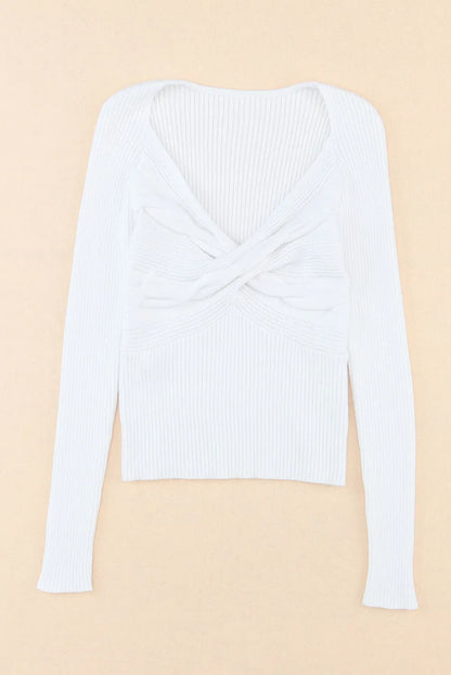 White Cable Crossed V Neck Sweater - Chic Meadow Boutique 