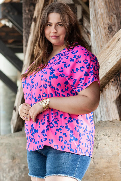 Rose Contrast Leopard Print Plus Size V Neck Blouse - Chic Meadow Boutique 