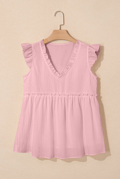 Light Pink Textured Ruffled Trim V Neck Flutter Flowy Top