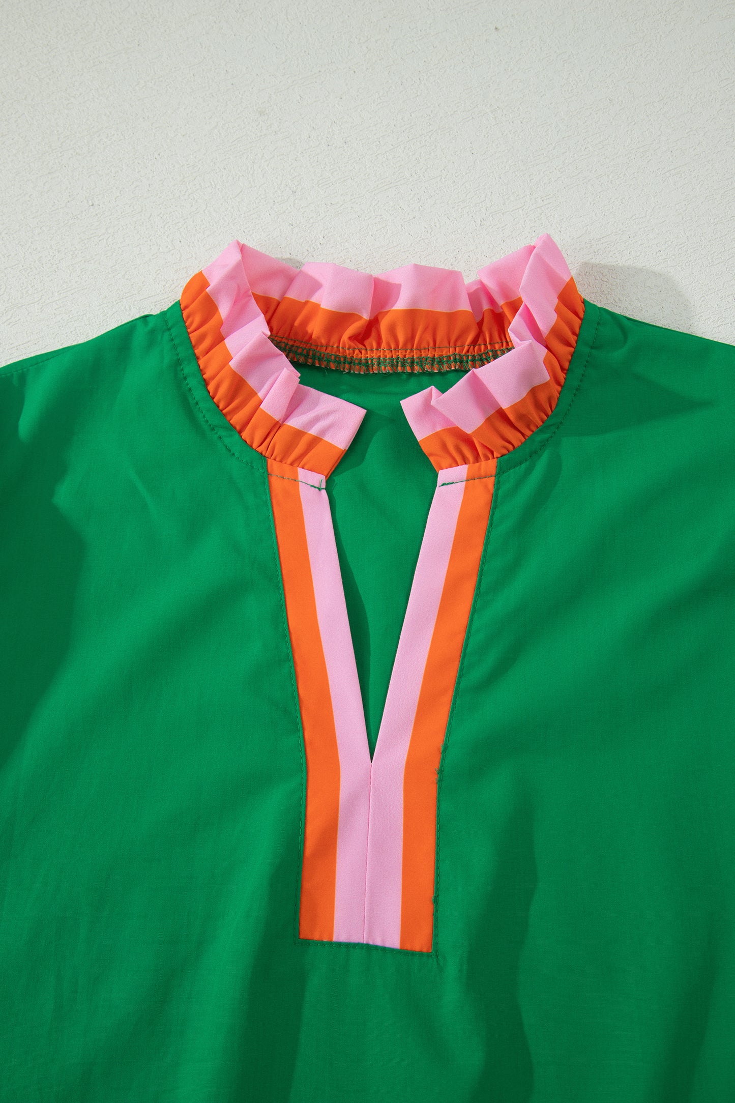 Green Striped Frilled Collar Ruffled Short Sleeve Blouse