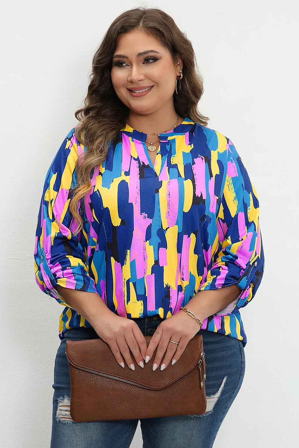 Blue Plus Size Brushstroke Print 3/4 Sleeve Blouse - Chic Meadow Boutique 