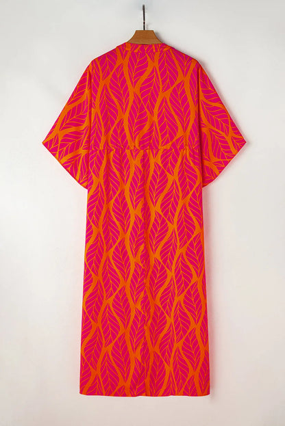 Orange Leafy Print 3/4 Sleeve V Neck Buttoned Split Maxi Dress - Chic Meadow Boutique 