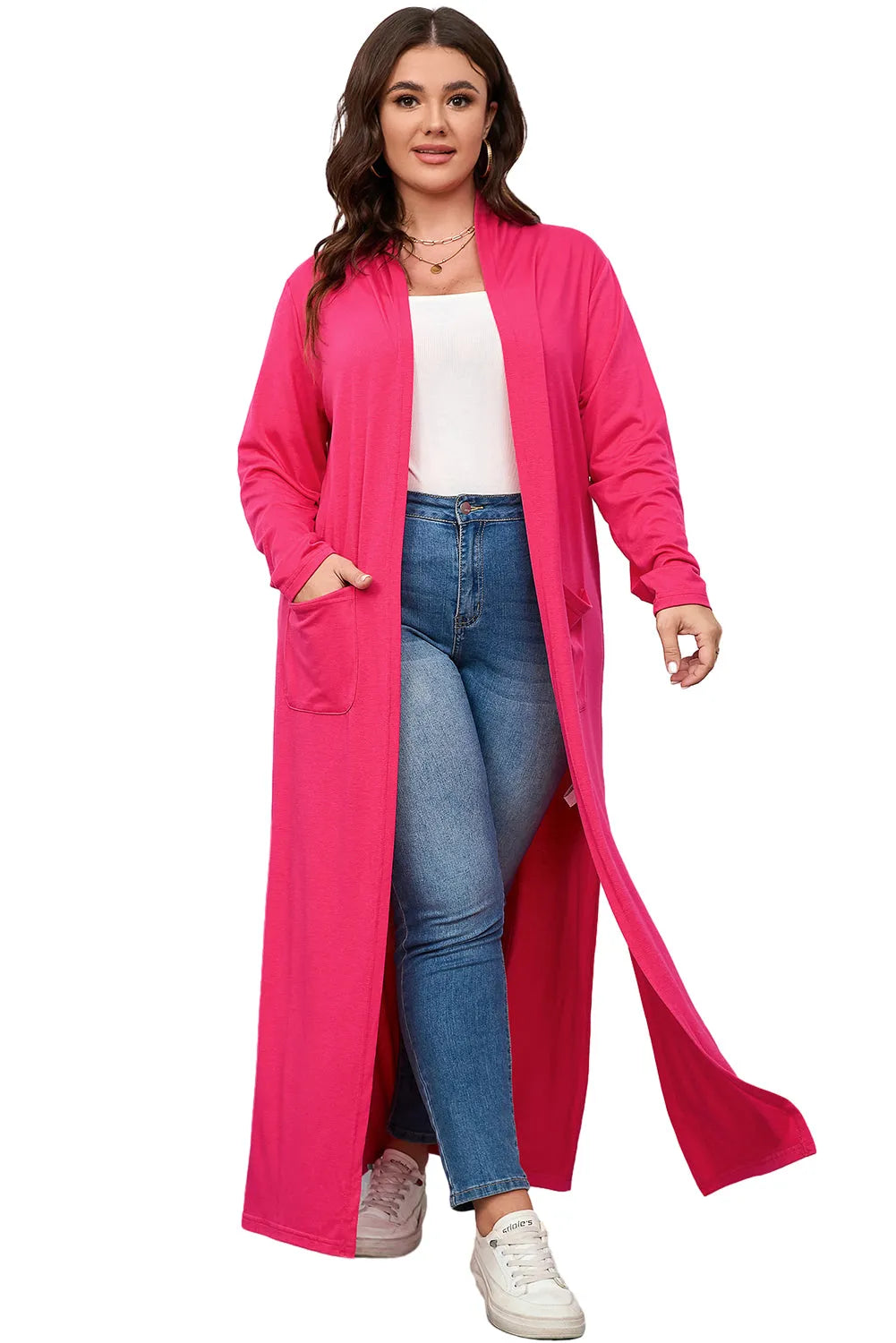 Strawberry Pink Plus Size Side Split Pockets Duster Cardigan - Chic Meadow Boutique 