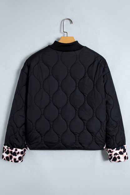 Black Retro Quilted Leopard Cuff Button Down Puffer Jacket